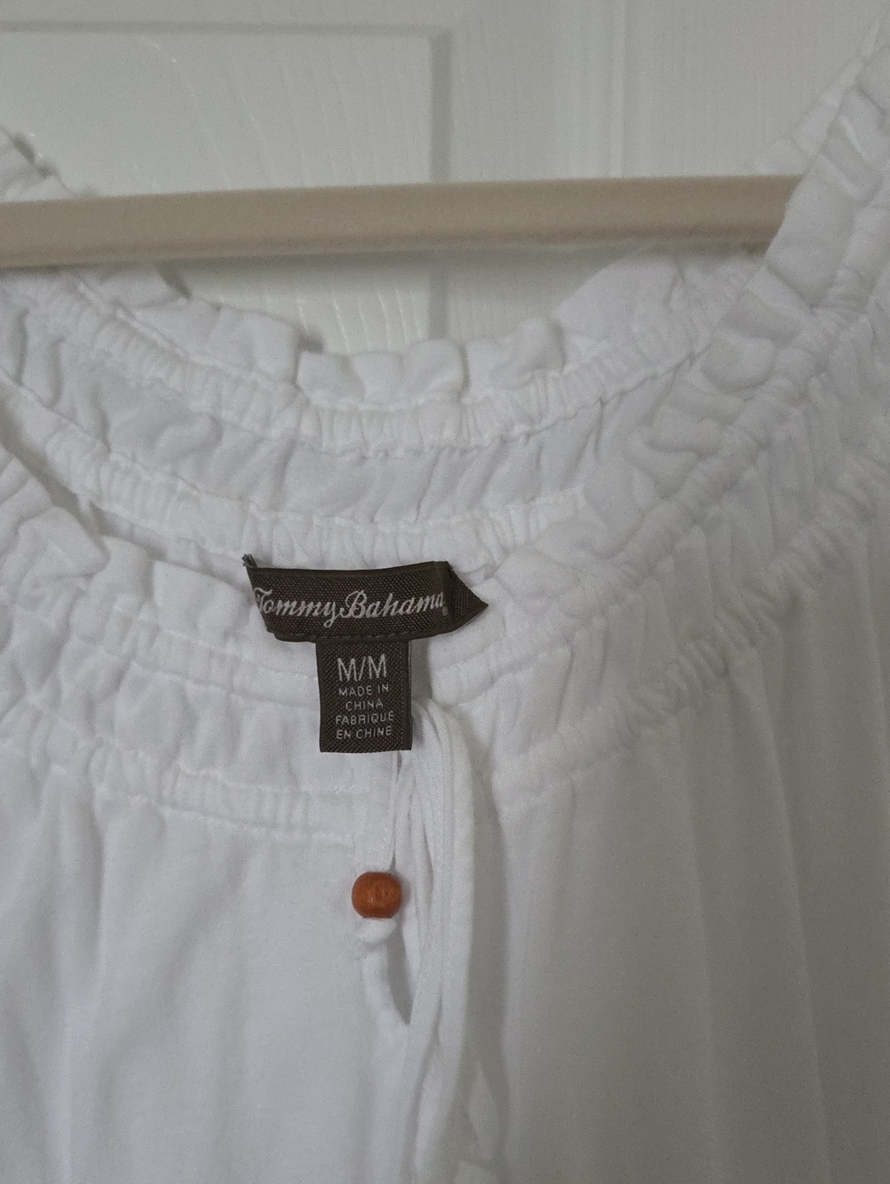 Tommy Bahama White Smocked Neck Boho Top with Wooden Bead